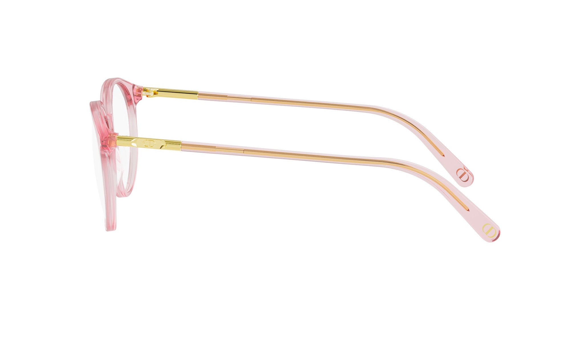 A pair of pink-framed glasses with gold accents, positioned side by side against a white background.