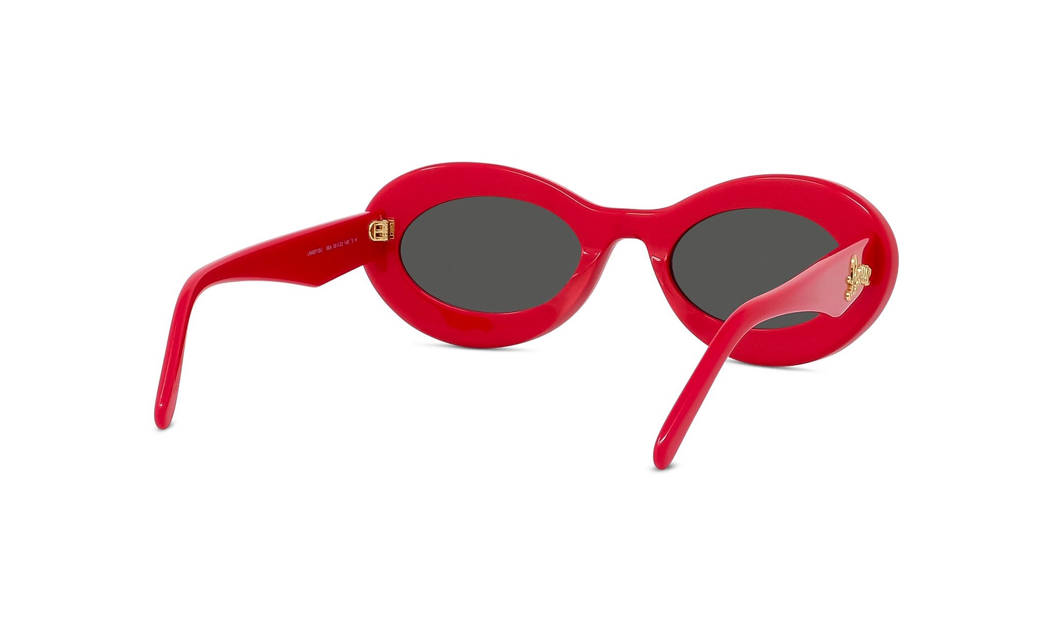 A pair of red, oval-shaped sunglasses with dark lenses.