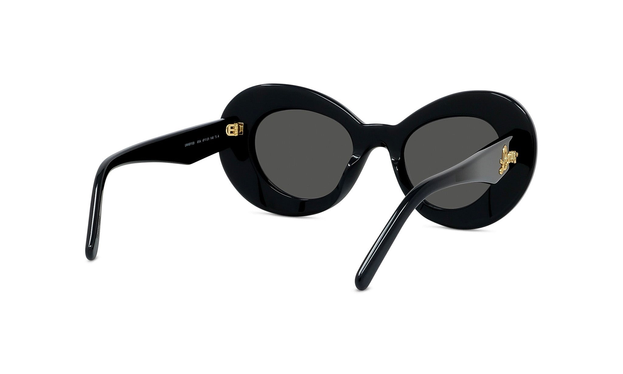 A pair of black, round sunglasses with gold accents.