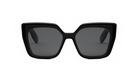 A pair of black sunglasses with dark lenses.