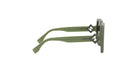A pair of green sunglasses with a geometric pattern on the temples.