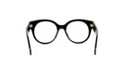 A pair of black-framed glasses with gold-colored temples, positioned facing forward against a white background.