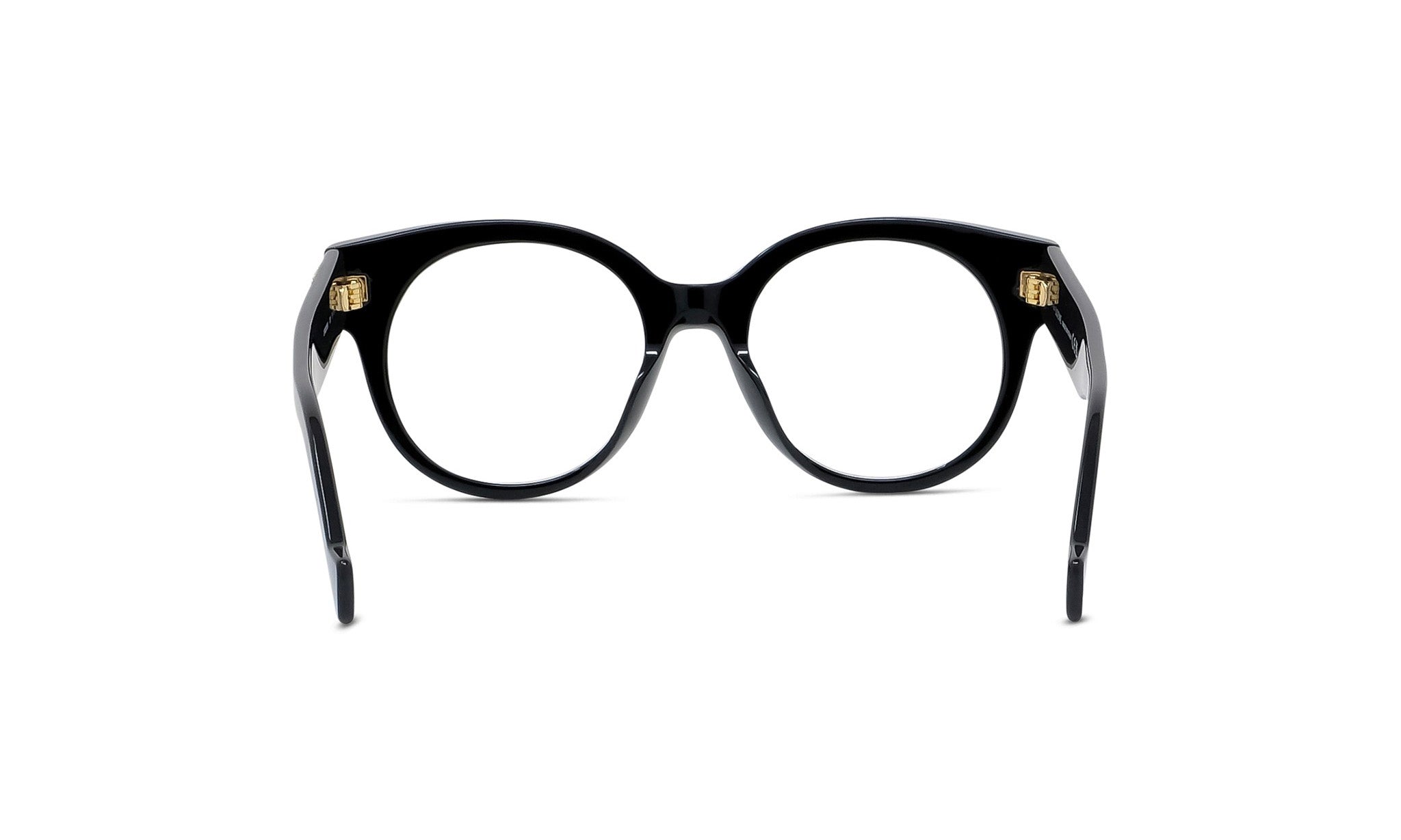 A pair of black-framed glasses with gold-colored temples, positioned facing forward against a white background.
