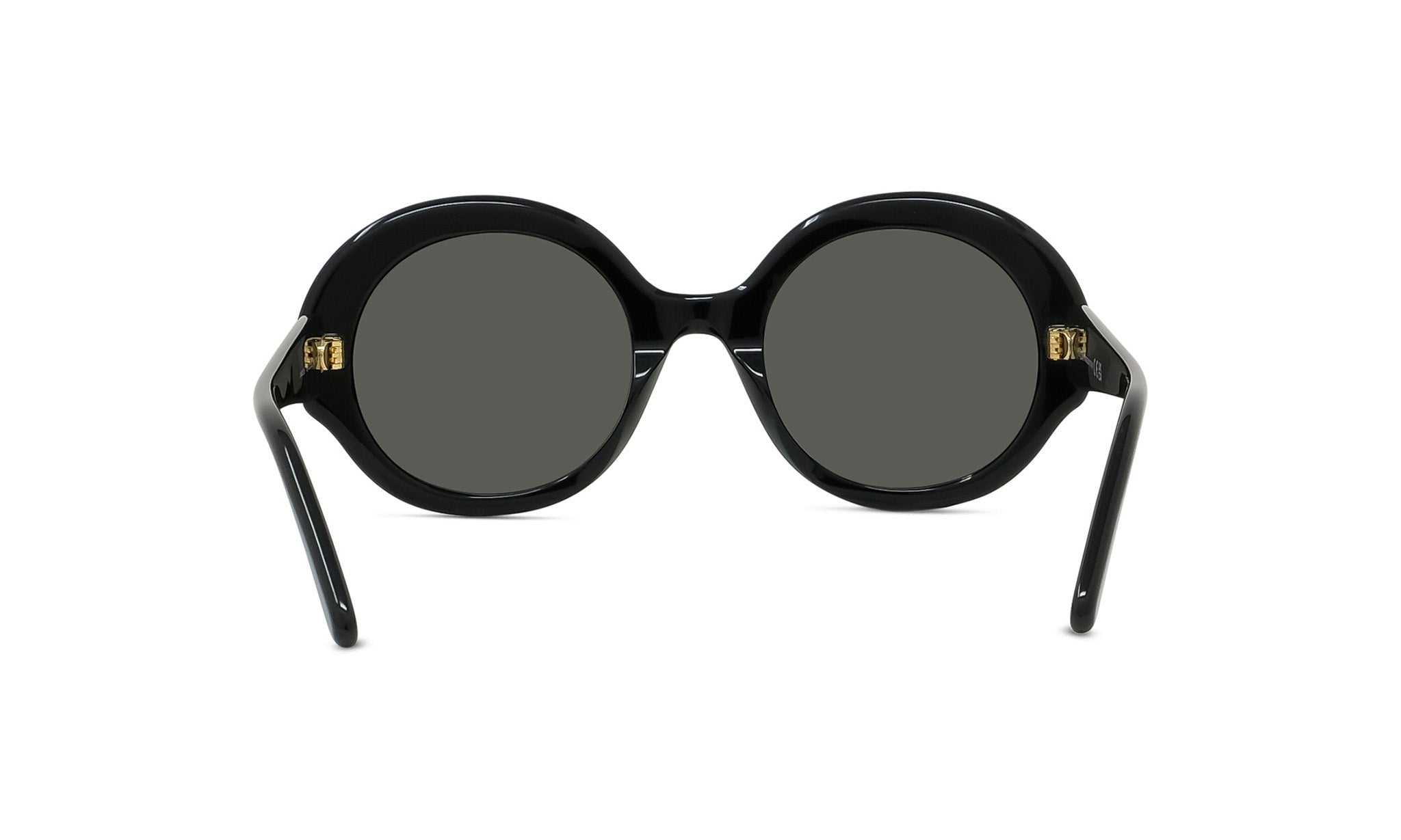 A pair of black round sunglasses with dark lenses.