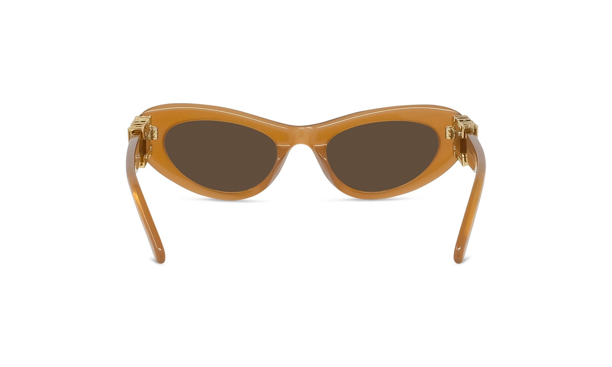 A pair of tan-colored cat-eye sunglasses with gold accents, featuring a unique and stylish design.