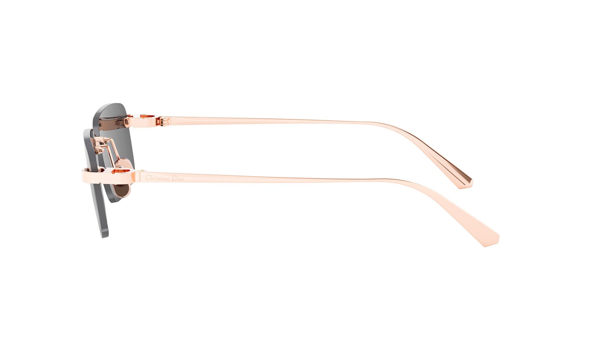 A pair of sunglasses with a gold frame and dark lenses.