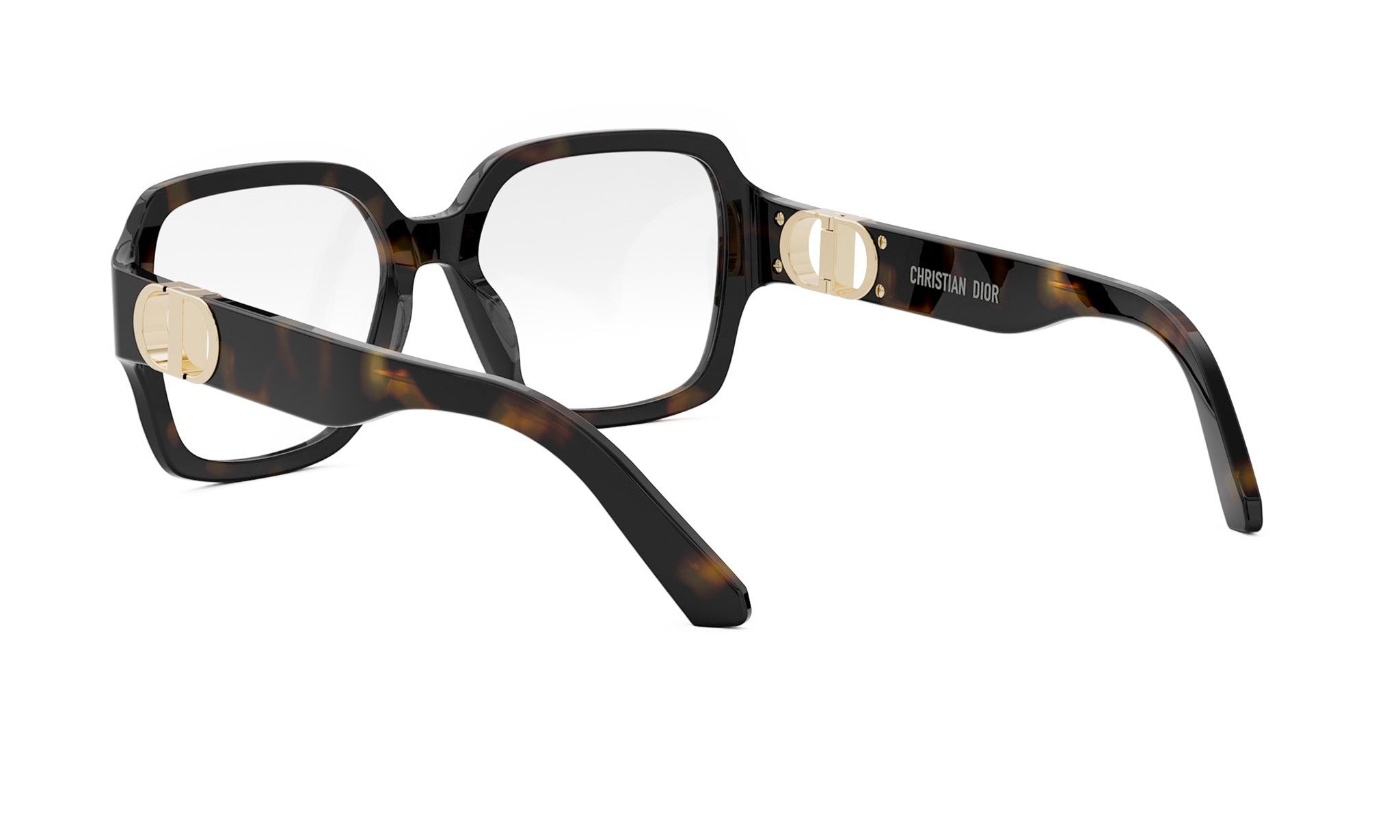 A pair of stylish, tortoiseshell-framed glasses with a gold-colored buckle, featuring the Dior logo on the temples.