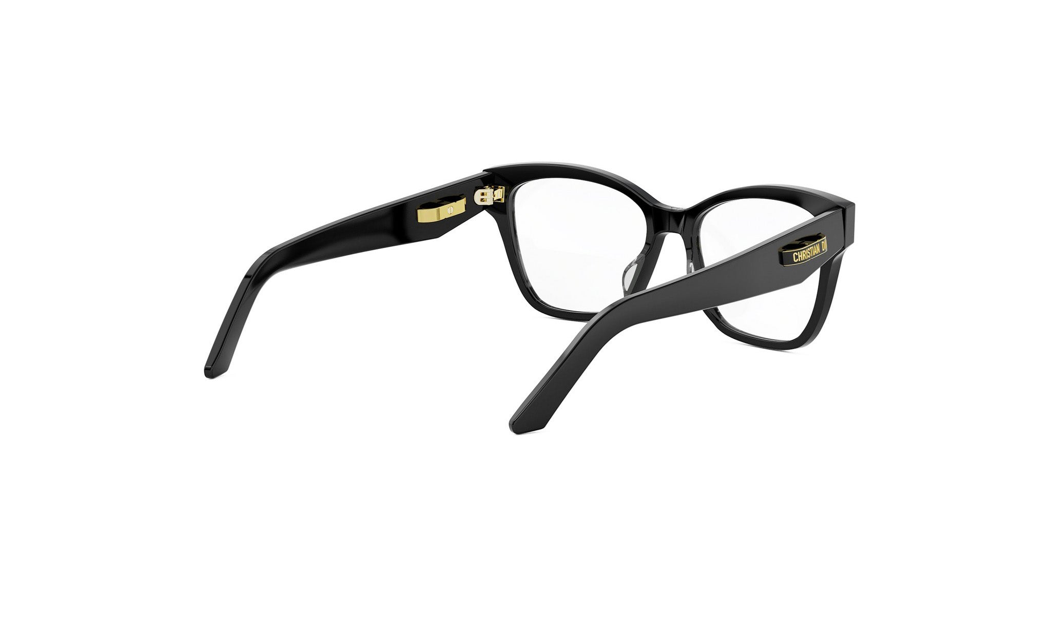 A pair of black-framed glasses with gold accents.