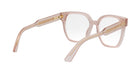 A pair of pink-framed glasses with gold accents, featuring a clear lens and a comfortable-looking frame.