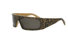 A pair of stylish sunglasses with a leopard print frame and dark lenses.