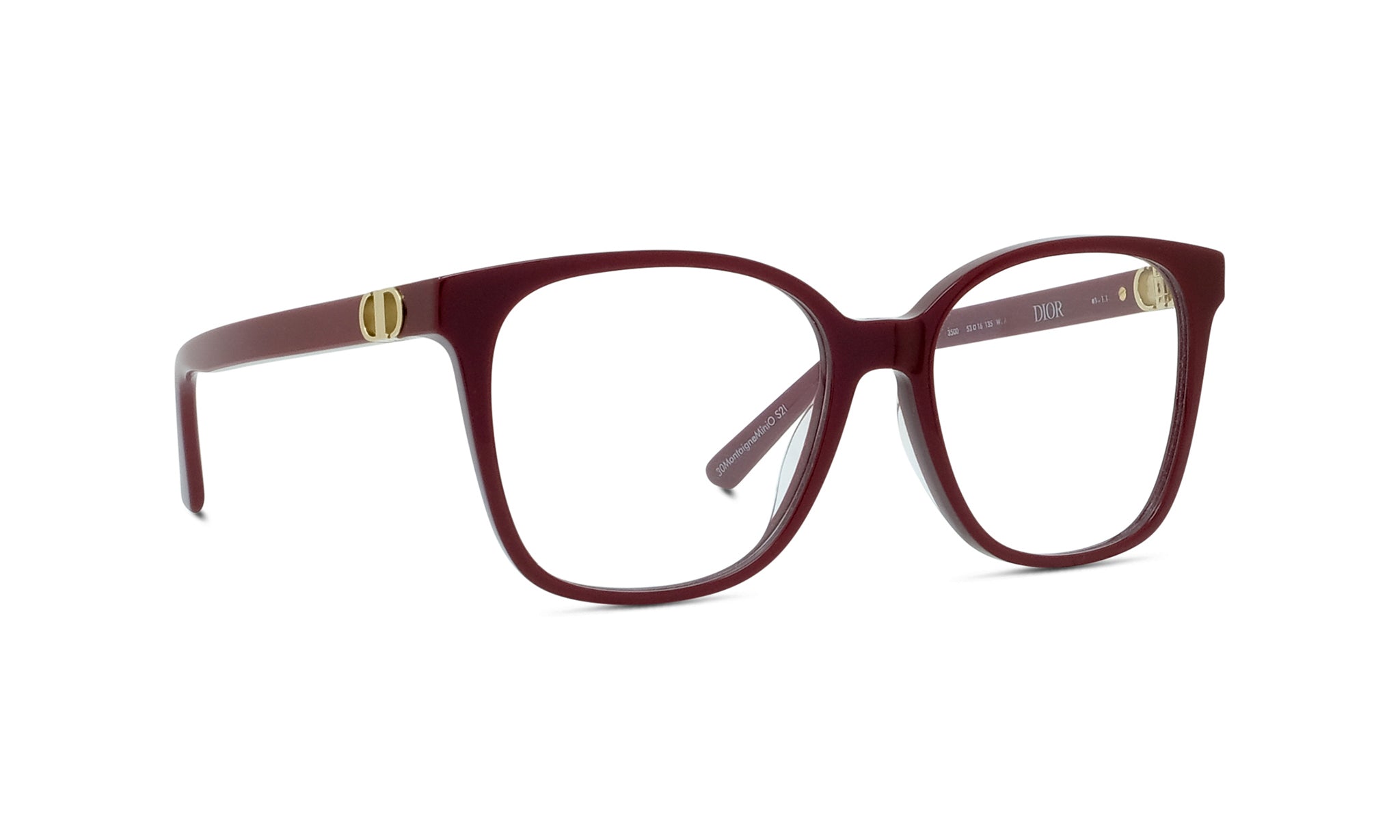 A pair of burgundy-colored eyeglasses with gold accents, featuring a clear lens and a sleek, modern design.