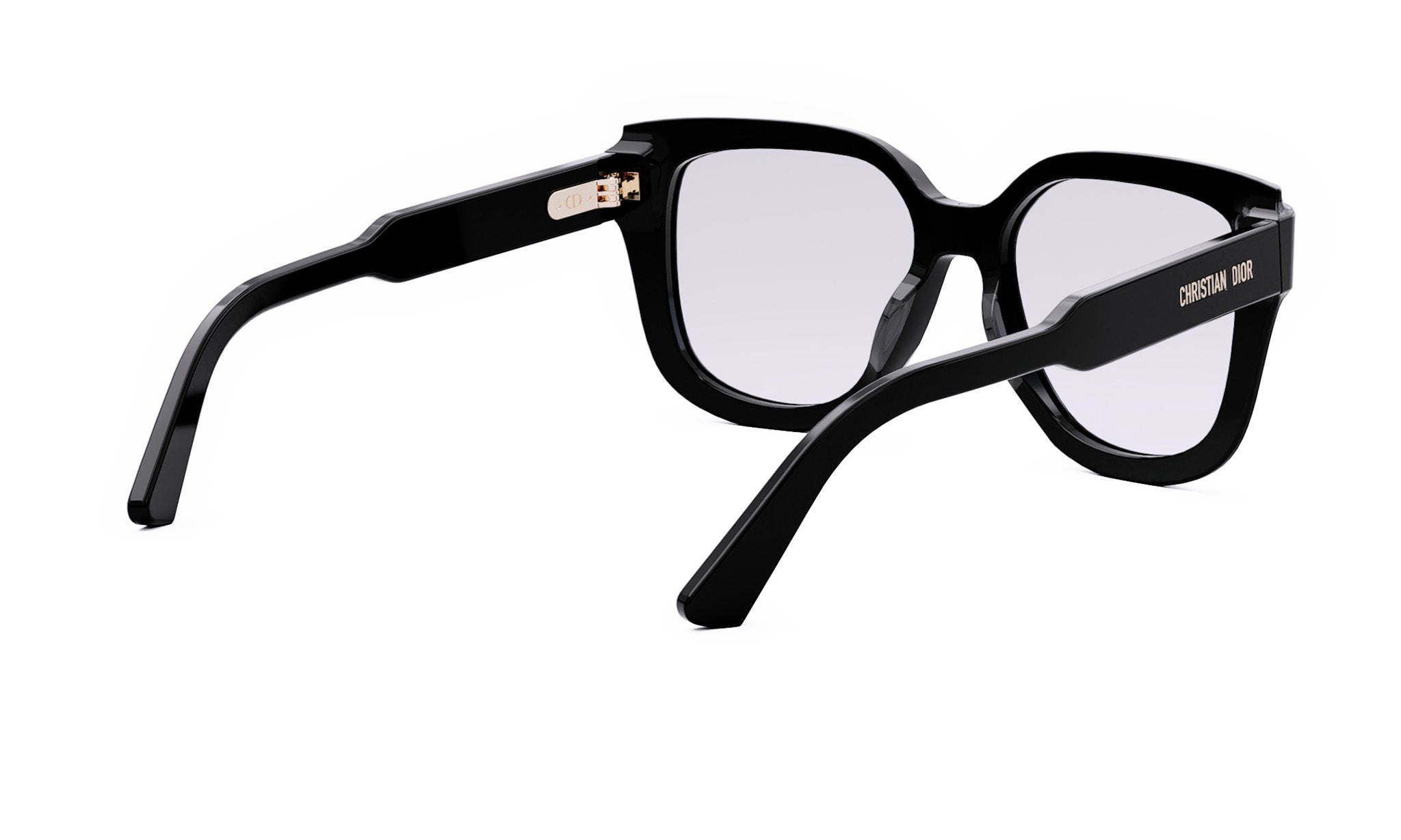 A pair of black-framed glasses with a gold-colored temple piece.