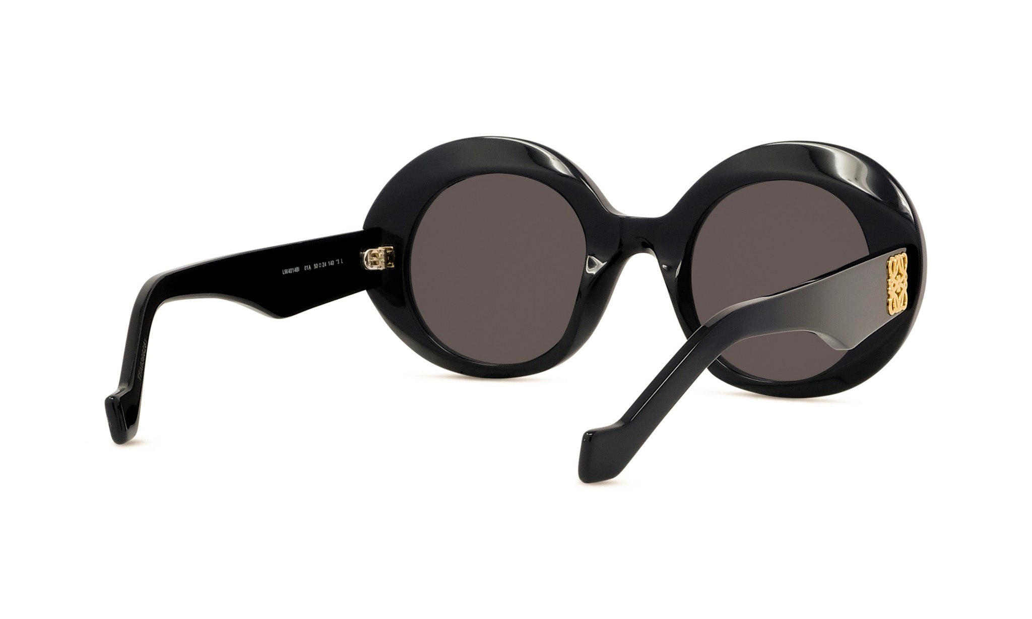 A pair of black round sunglasses with dark lenses.