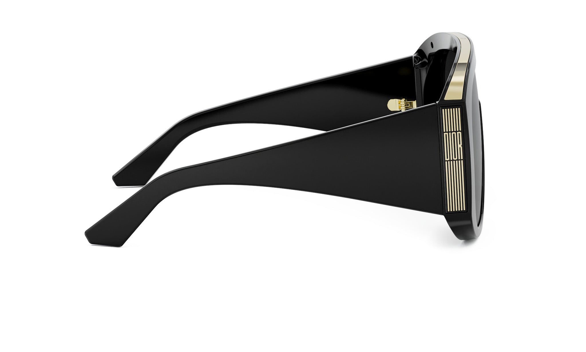 A pair of black sunglasses with gold accents.
