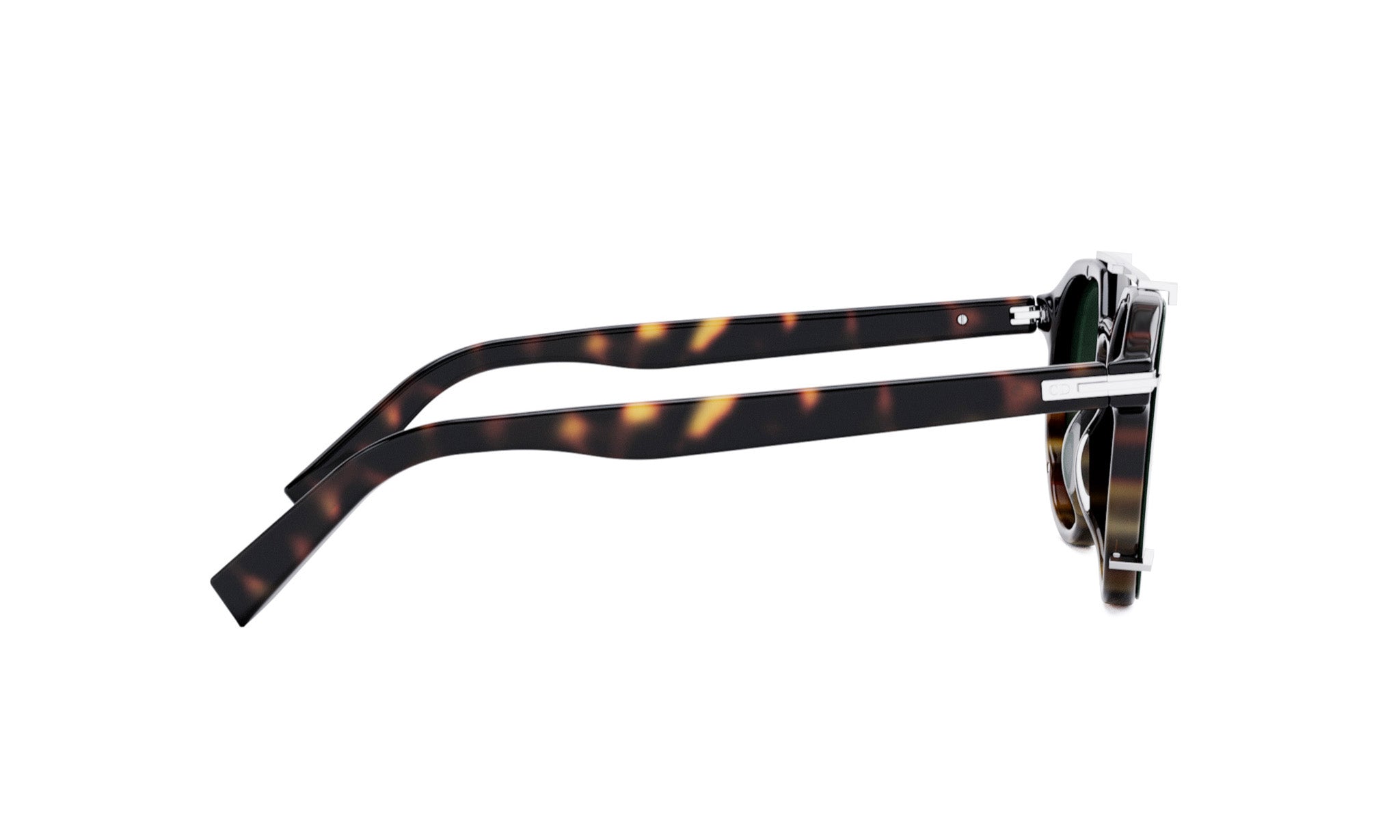 A pair of sunglasses with dark tortoiseshell frames and dark lenses.