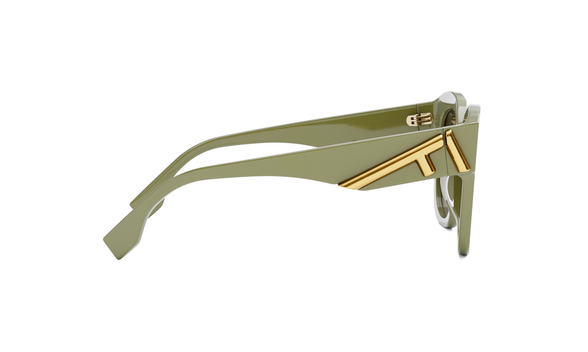 A pair of green-framed sunglasses with a gold logo on the side.