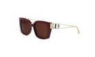 A pair of burgundy-colored sunglasses with a gold frame and a silver buckle.
