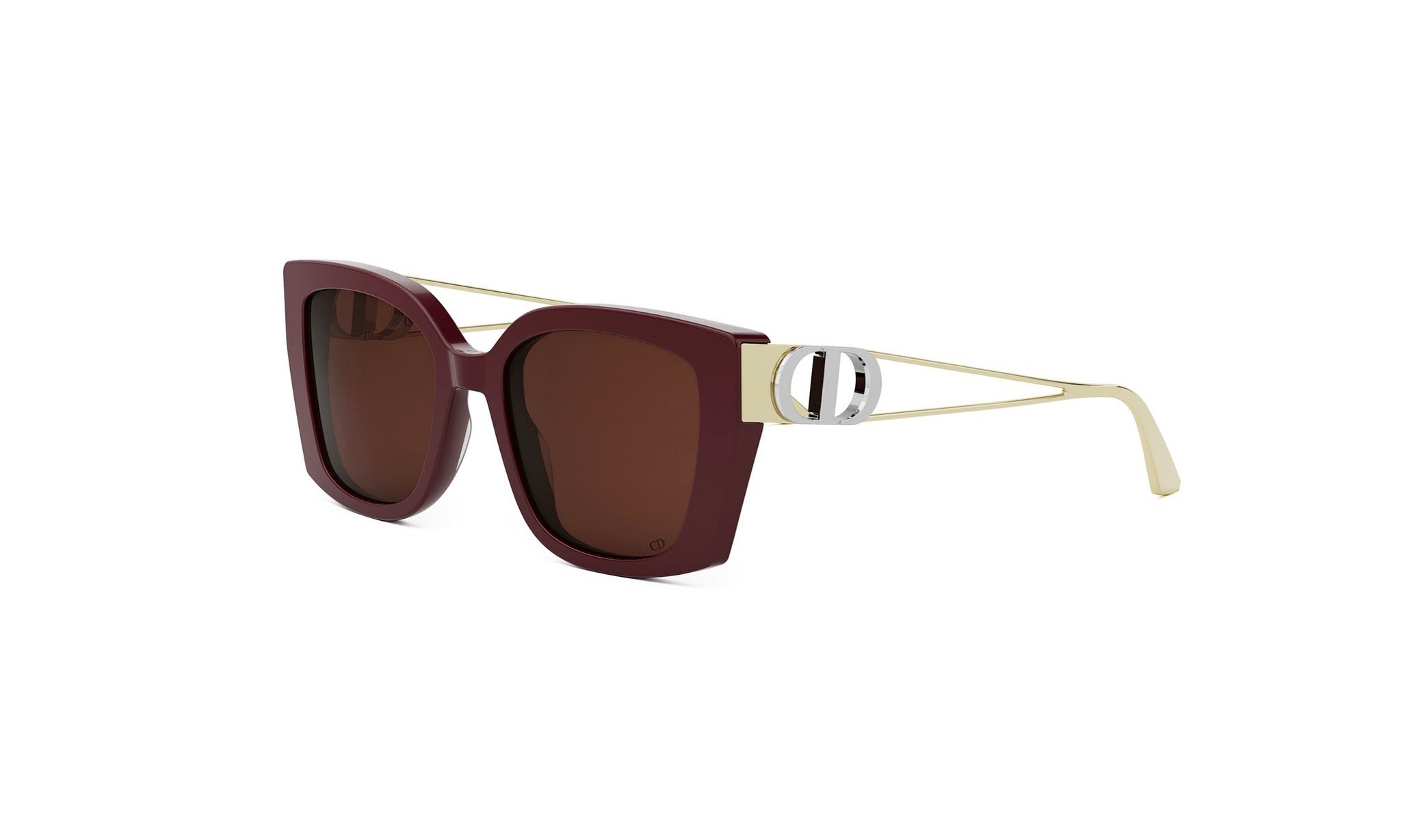 A pair of burgundy-colored sunglasses with a gold frame and a silver buckle.