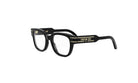 A pair of black-framed glasses with gold accents and the brand name "CHRISTIAN DOR" printed on them.