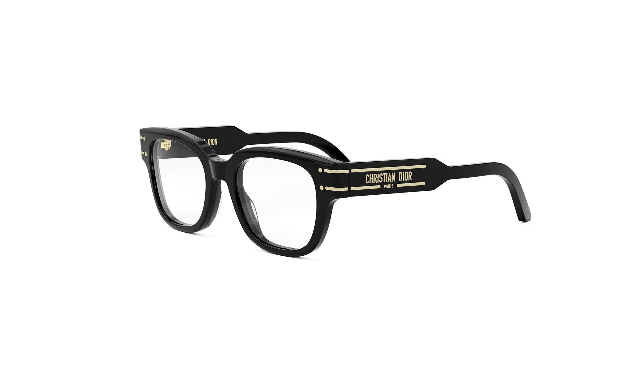 A pair of black-framed glasses with gold accents and the brand name "CHRISTIAN DOR" printed on them.