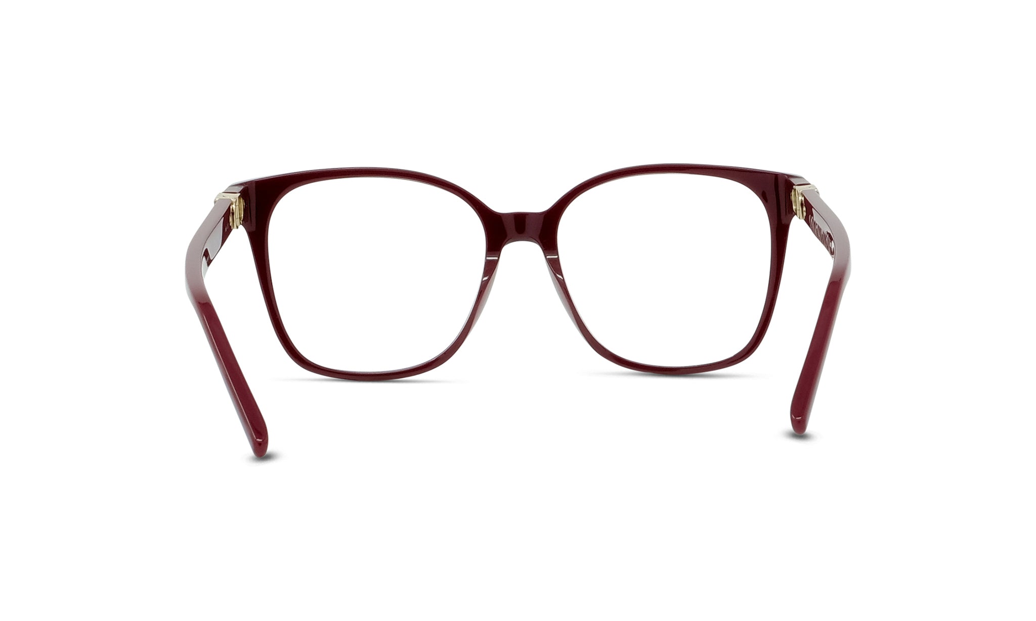 A pair of burgundy-colored eyeglasses with a sleek, modern design.
