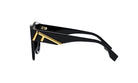 A pair of black sunglasses with gold accents, featuring a distinctive logo on the frame.