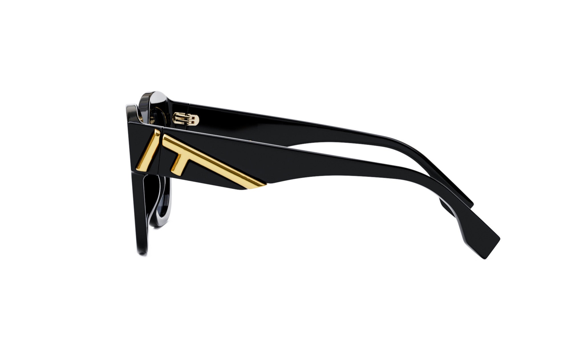 A pair of black sunglasses with gold accents, featuring a distinctive logo on the frame.