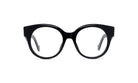 A pair of black-framed glasses with clear lenses, set against a white background.