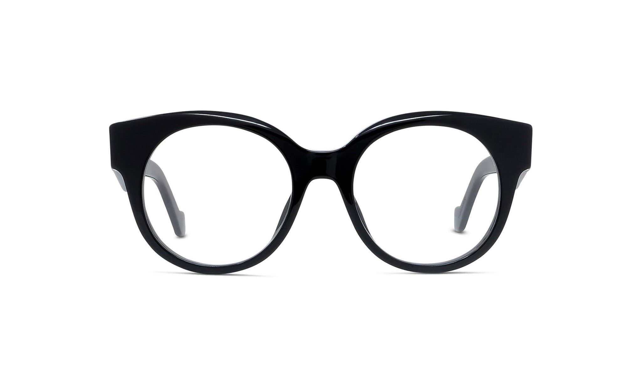 A pair of black-framed glasses with clear lenses, set against a white background.