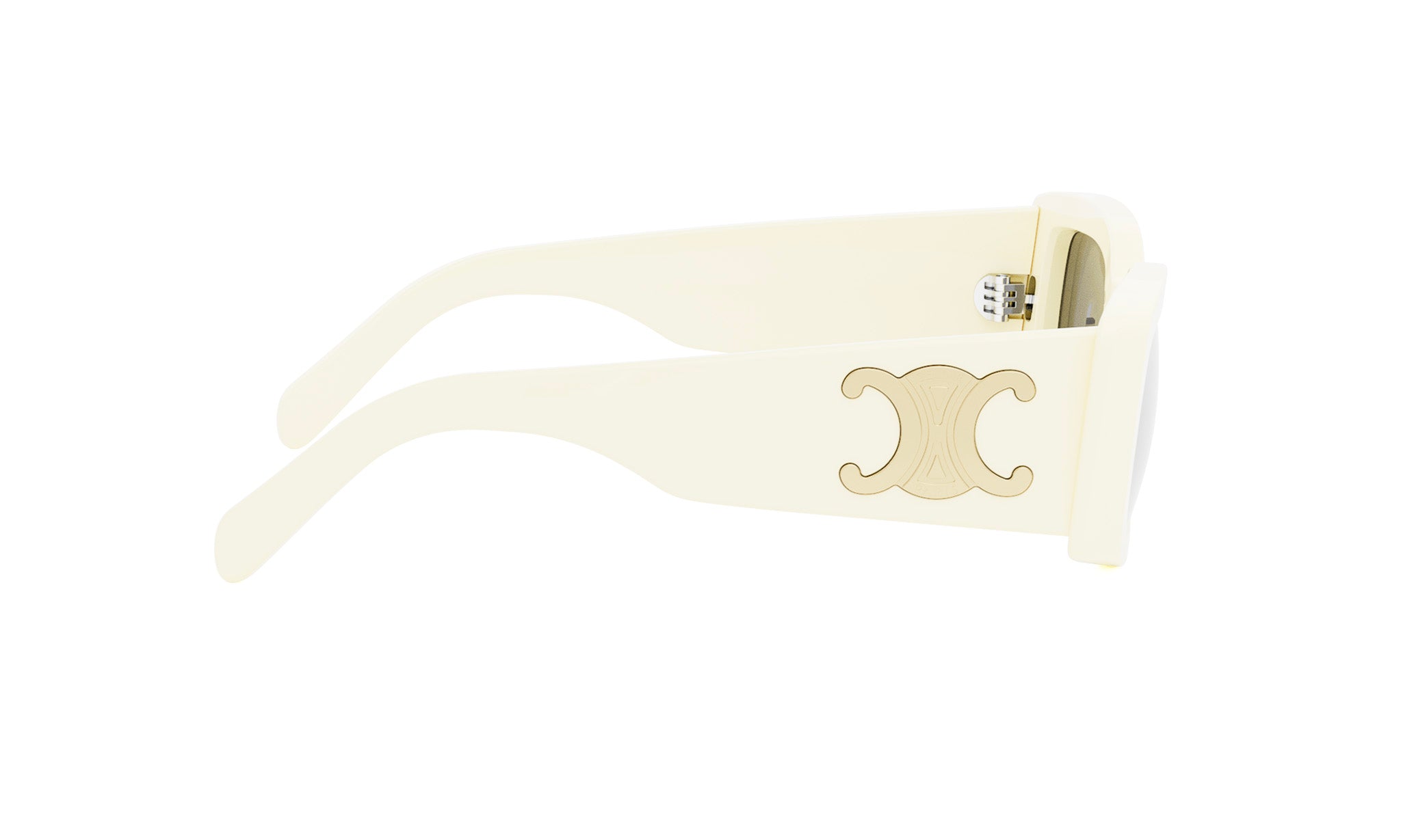 A pair of white sunglasses with a logo on the frame.