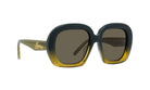 A pair of stylish sunglasses with a dark frame and gold accents.