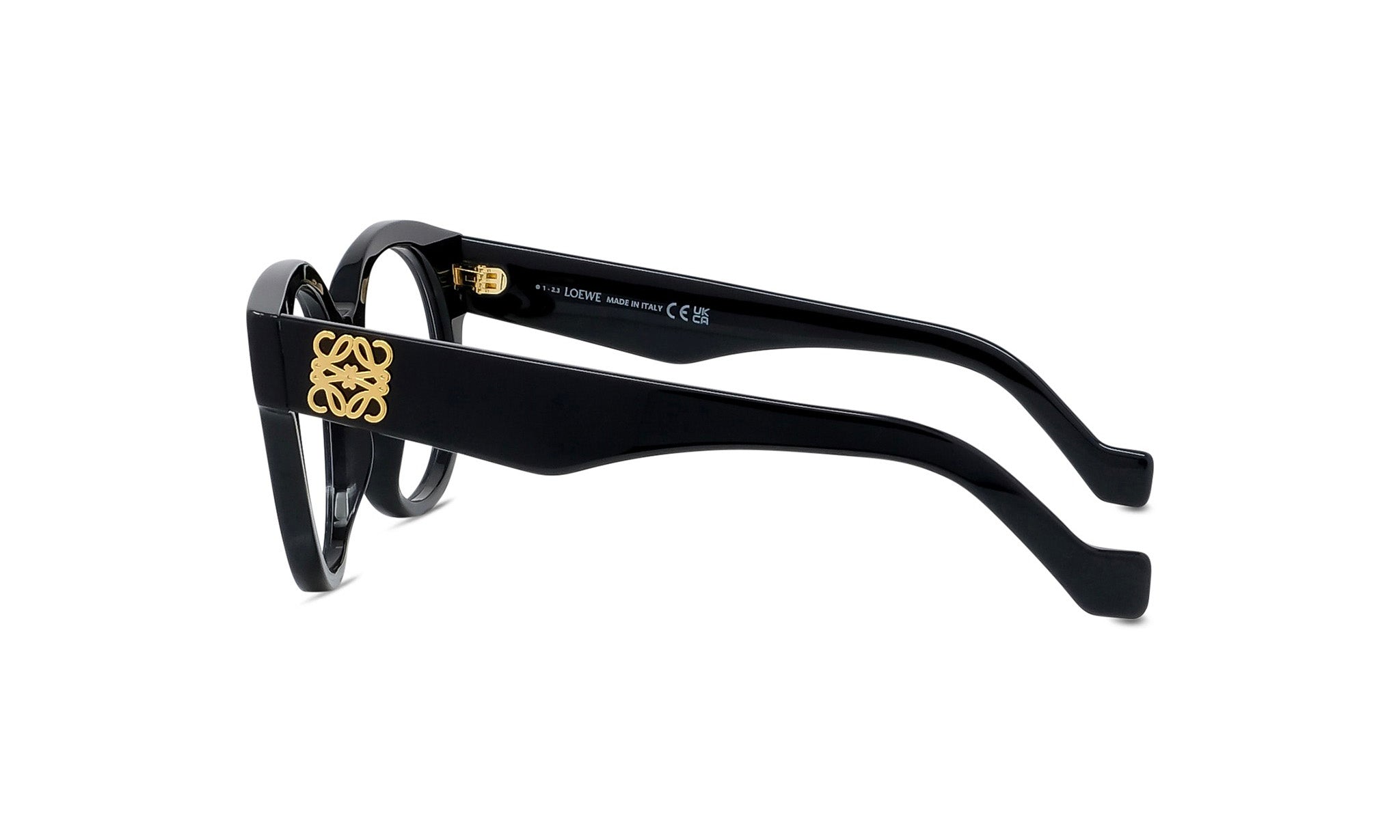 A pair of black-framed glasses with a gold logo on the side.