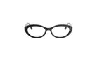 A pair of black cat-eye framed glasses against a white background.