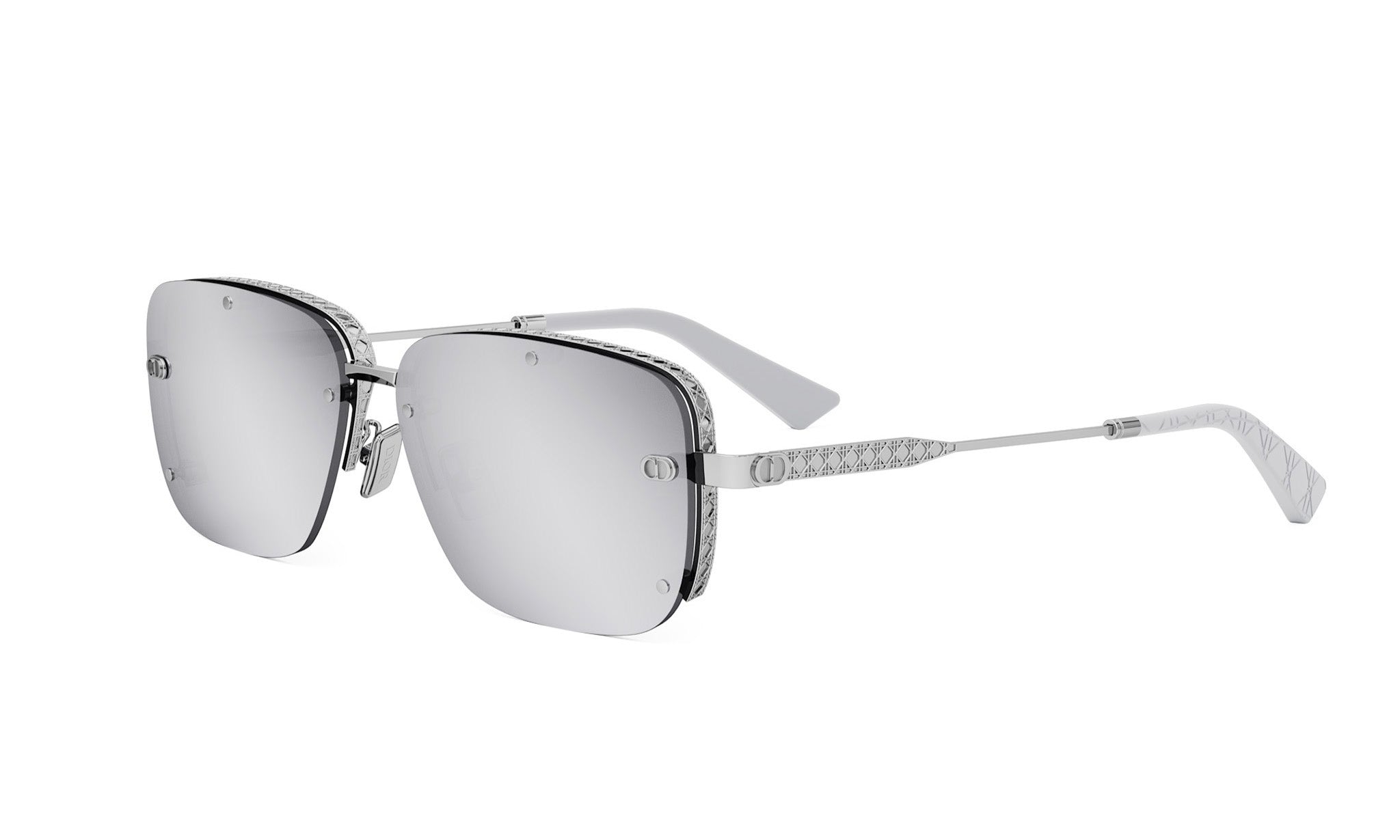 A pair of silver-framed sunglasses with a diamond pattern on the temples.