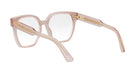 A pair of pink-framed glasses with gold accents, positioned in a way that allows the viewer to see the backside of the glasses.