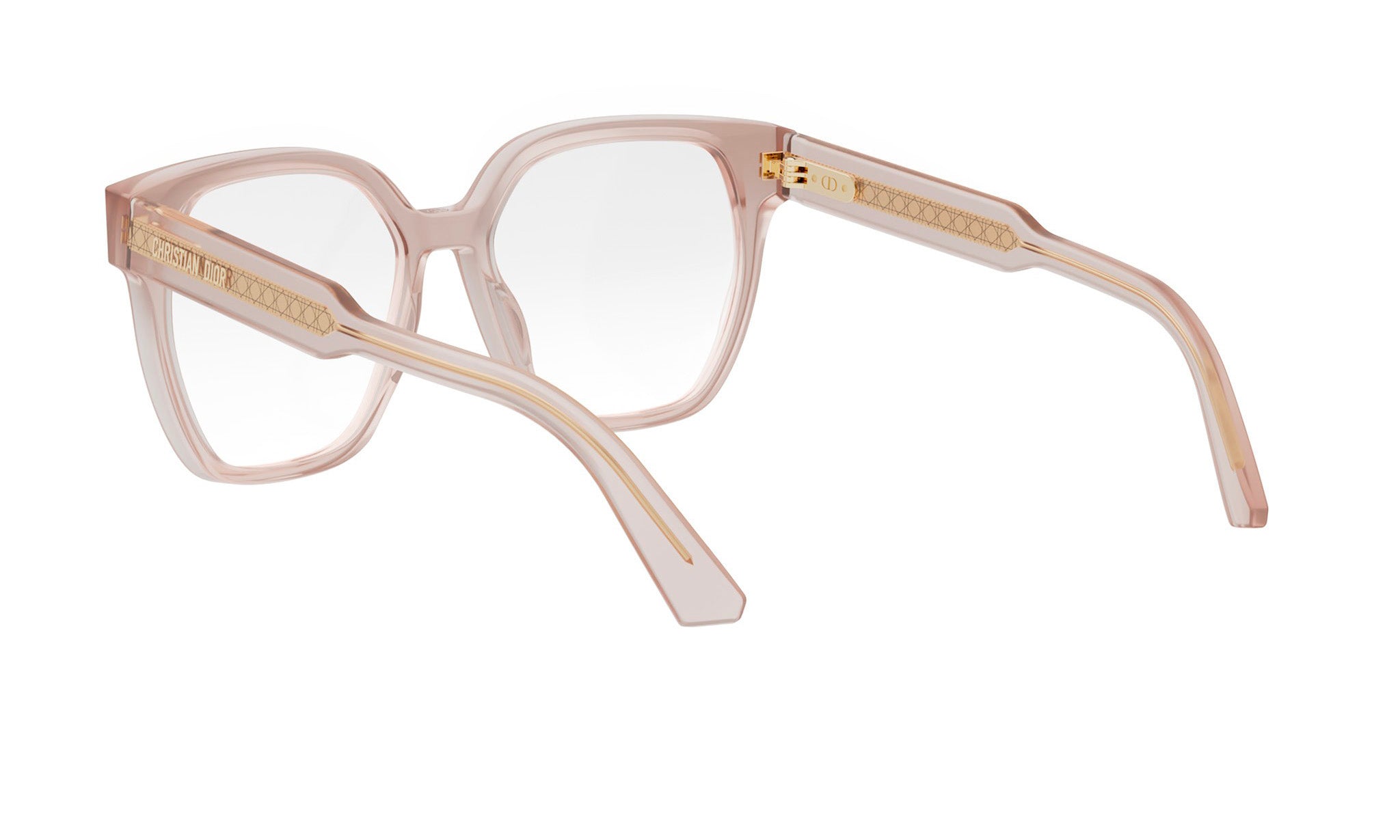 A pair of pink-framed glasses with gold accents, positioned in a way that allows the viewer to see the backside of the glasses.