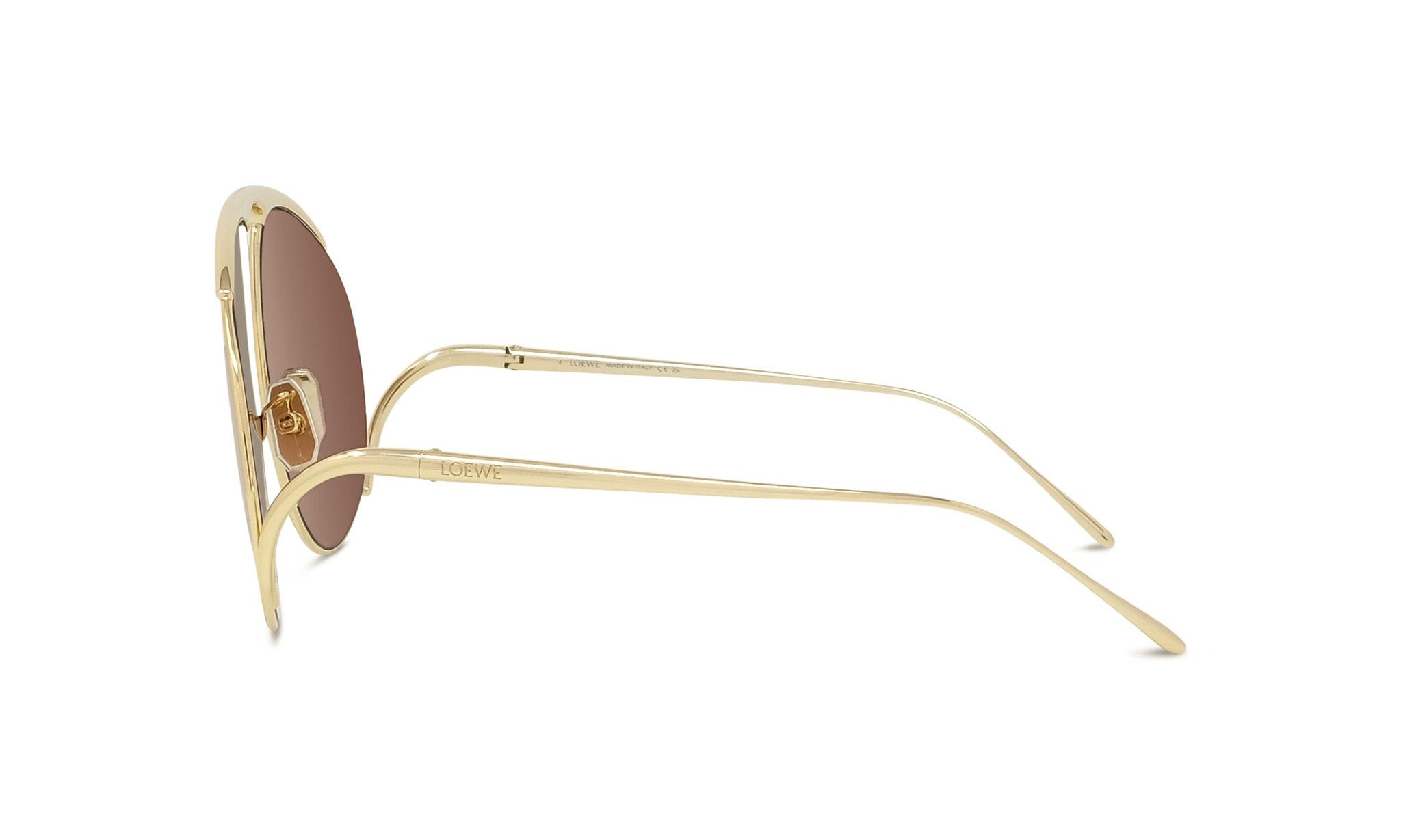 A pair of gold-colored sunglasses with a dark brown frame.