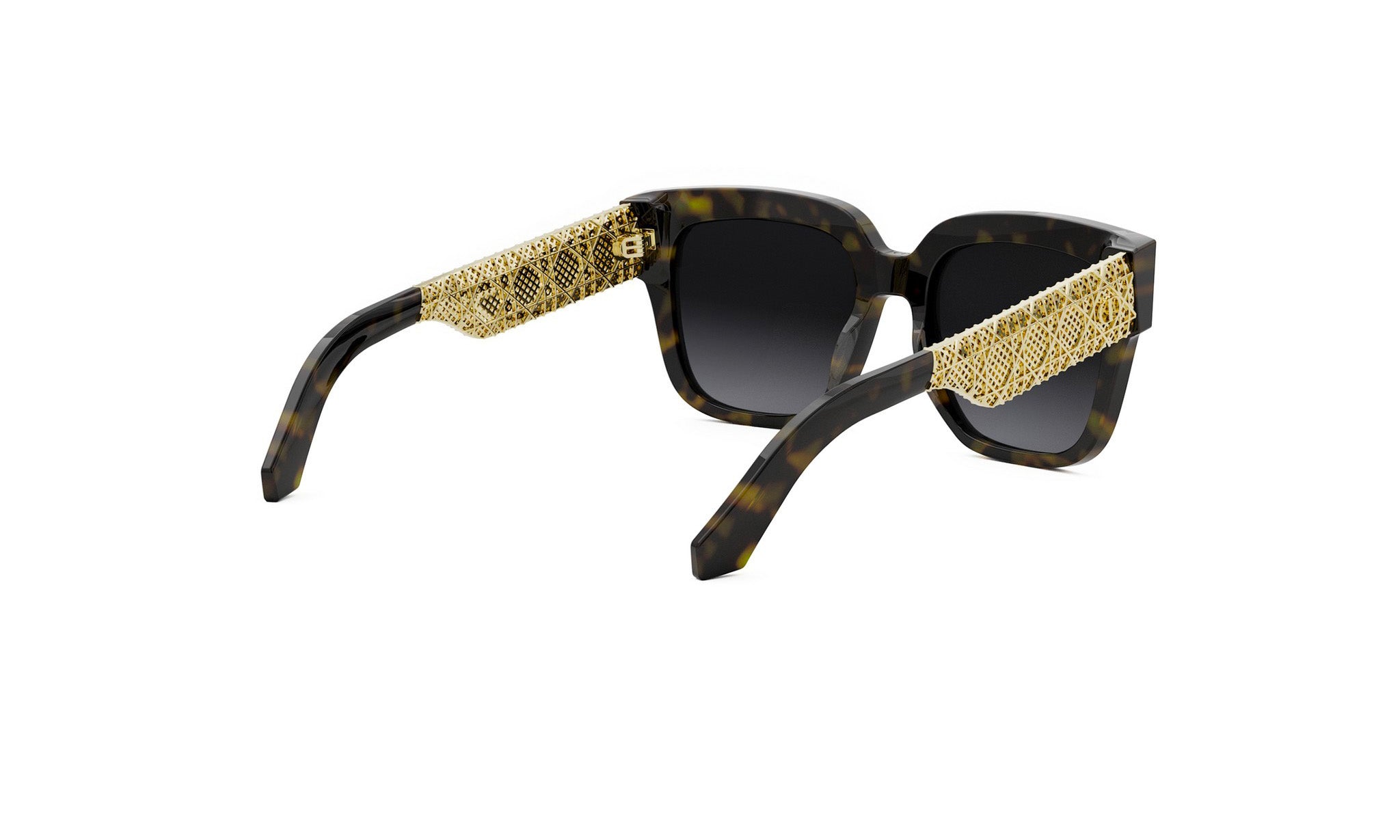 A pair of stylish sunglasses with a black frame and gold-colored accents.