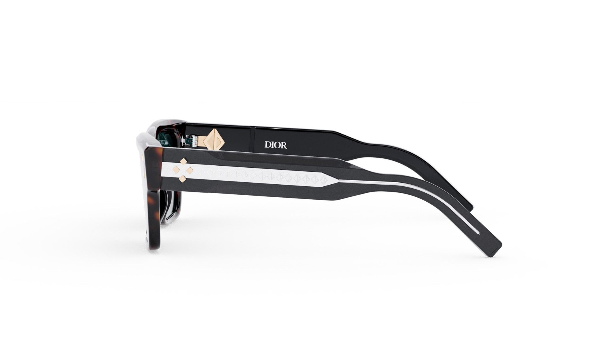 A pair of black and white sunglasses with the Dior logo visible on the frame.