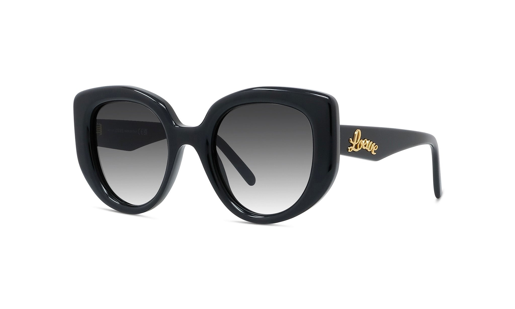 A pair of black cat-eye sunglasses with a gold "Leo" logo on the frame.