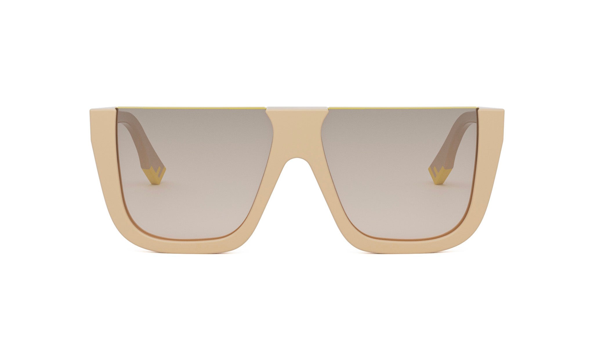 A pair of beige-framed sunglasses with dark lenses.