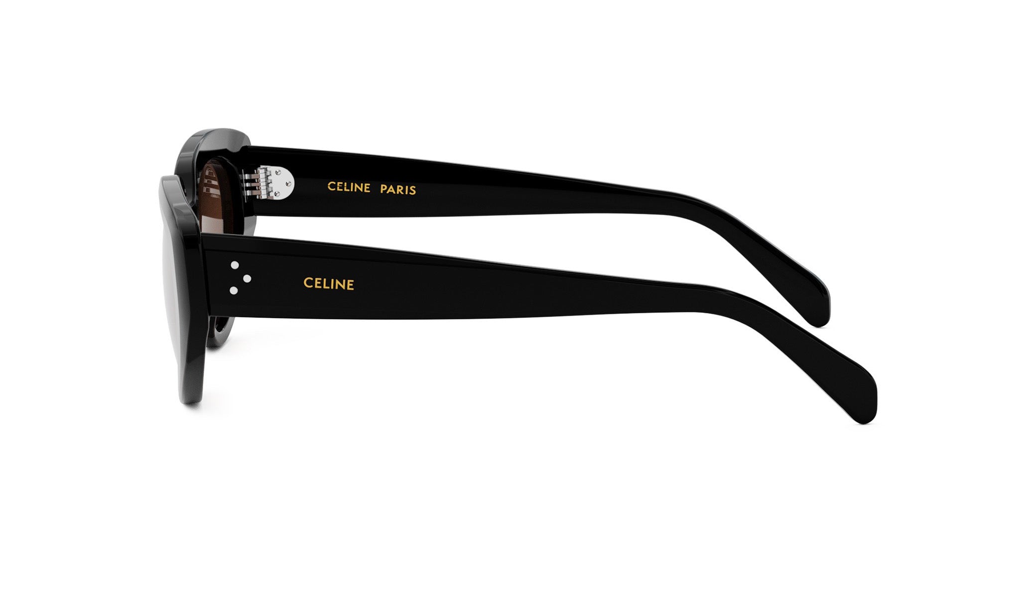 A pair of black sunglasses with the Celine Paris logo on the frame.