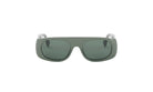 A pair of dark green sunglasses with a sleek, modern design.