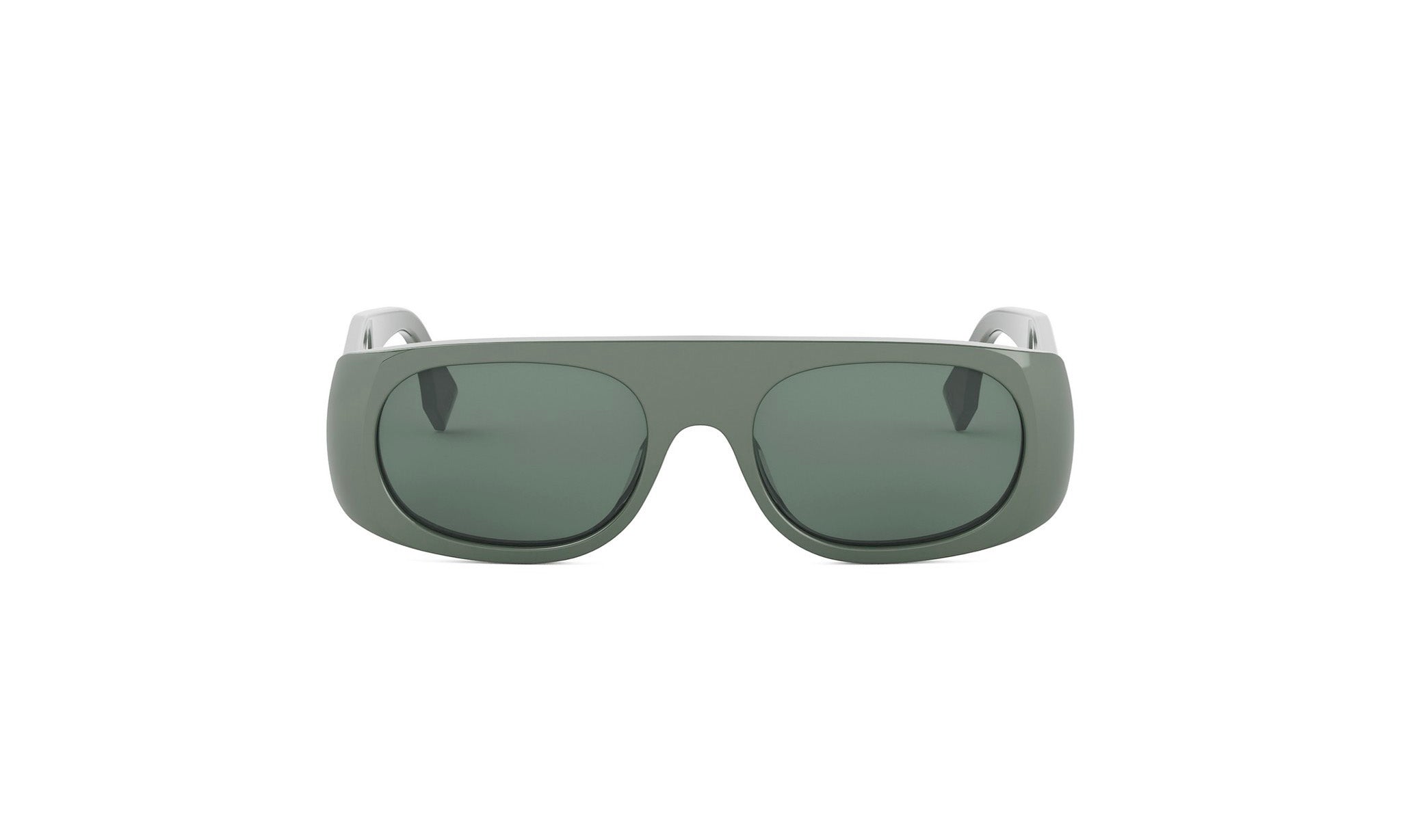 A pair of dark green sunglasses with a sleek, modern design.