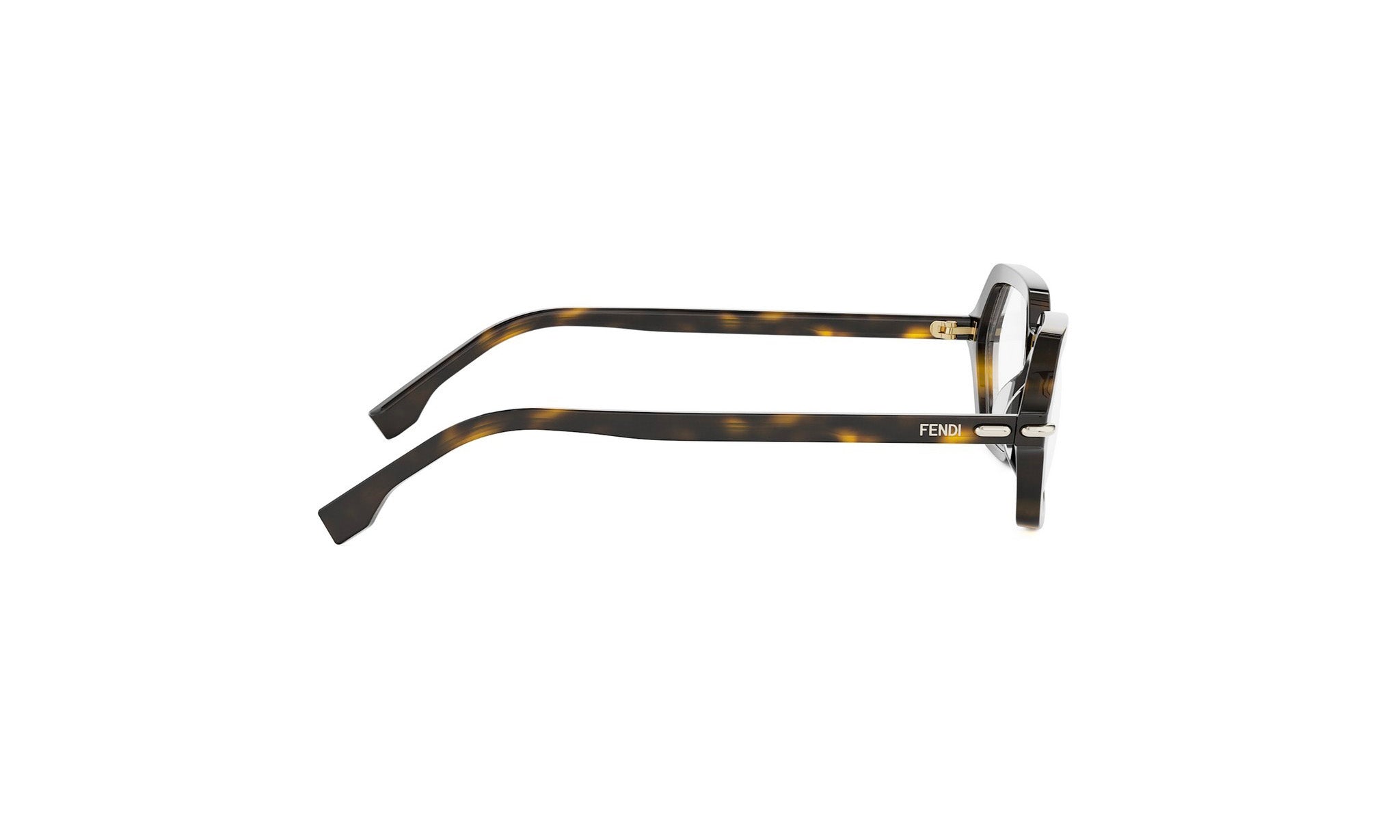 A pair of tortoiseshell-framed glasses with the Fendi logo visible on the temples.