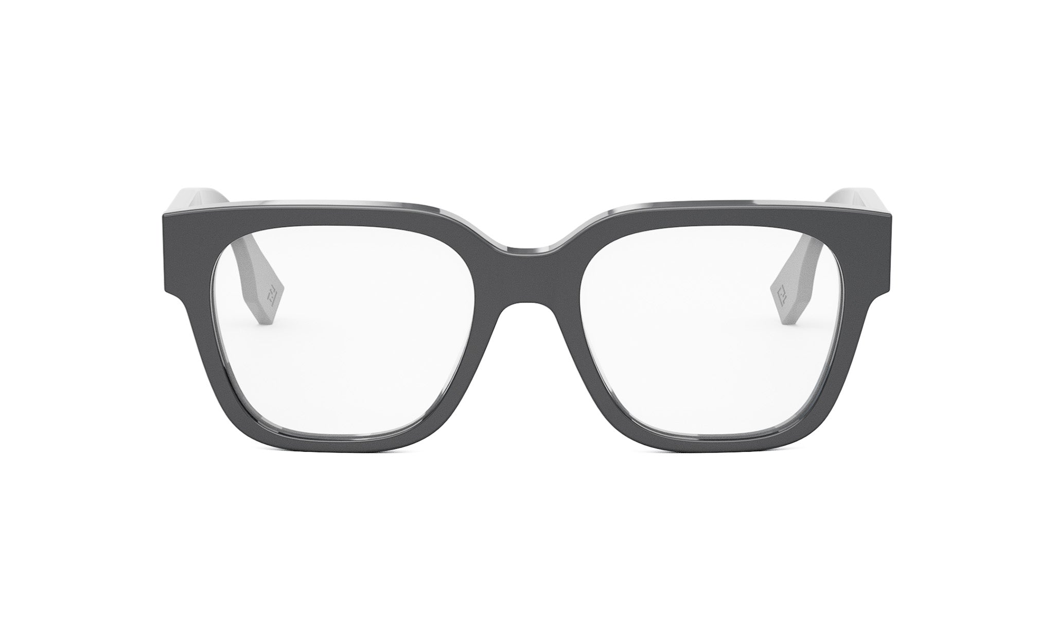 A pair of black-framed glasses with clear lenses, set against a white background.