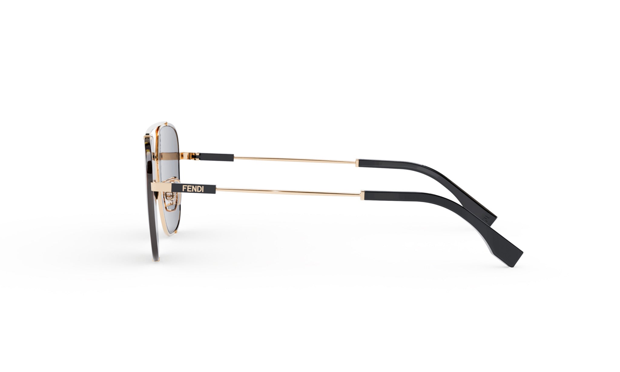 A pair of Fendi sunglasses with gold-colored arms and black frames.