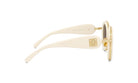A pair of white, gold, and black sunglasses with a gold emblem on the frame.