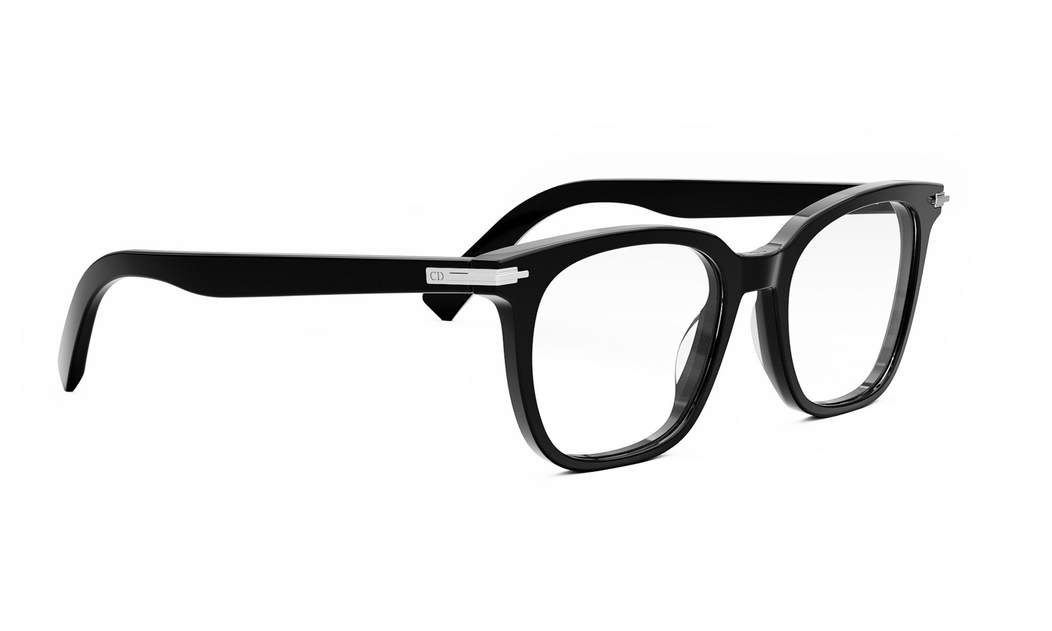 A pair of black-framed glasses with clear lenses is shown against a white background.