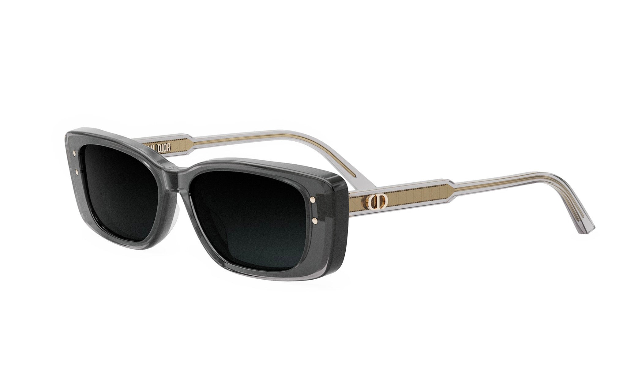 A pair of stylish sunglasses with a black frame and gold accents.